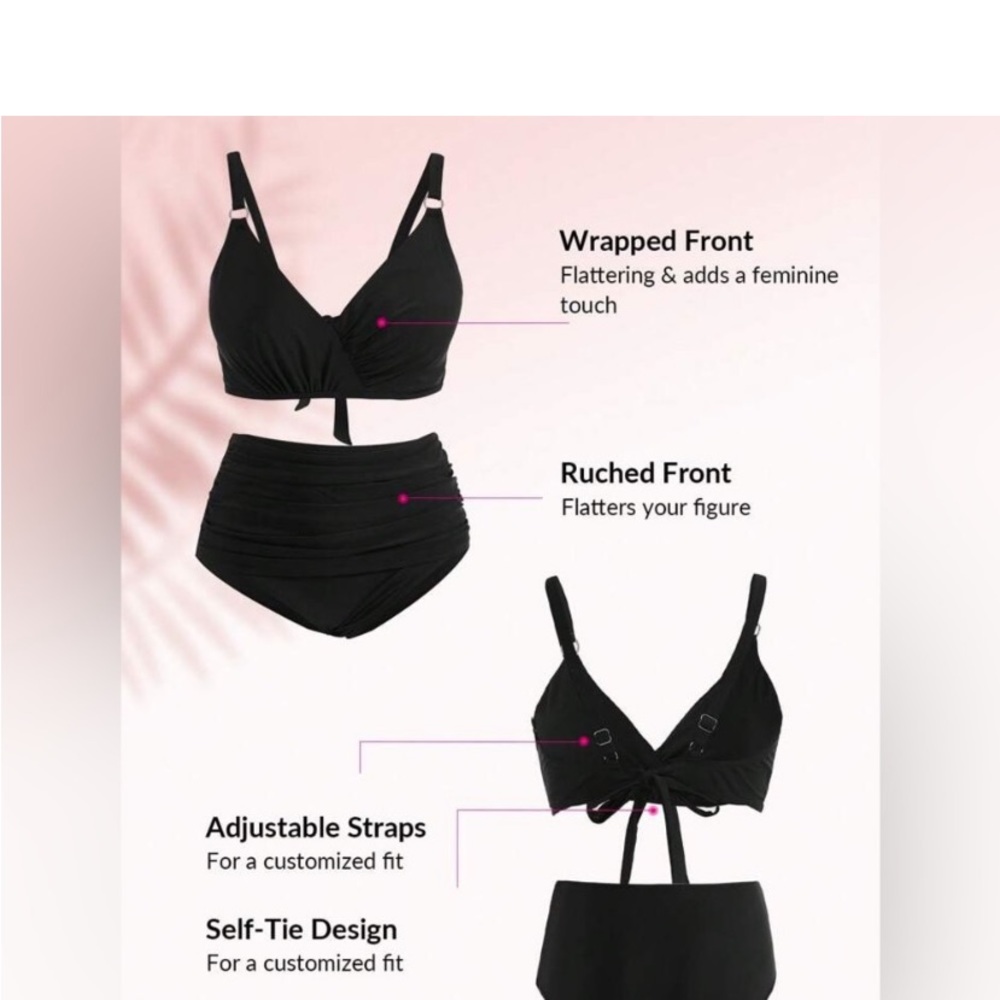 BLACK HIGH WAISTED RUCHED BIKINI 2 PCS SWIMSUIT - Picture 6 of 8